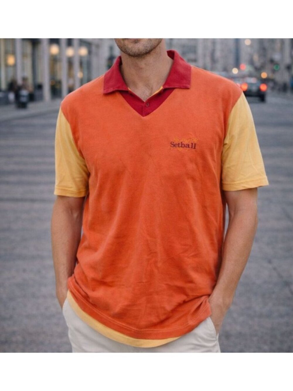 Vintage Gabriella Frattini Setball Colorblock Polo Size L Short Sleeve Orange